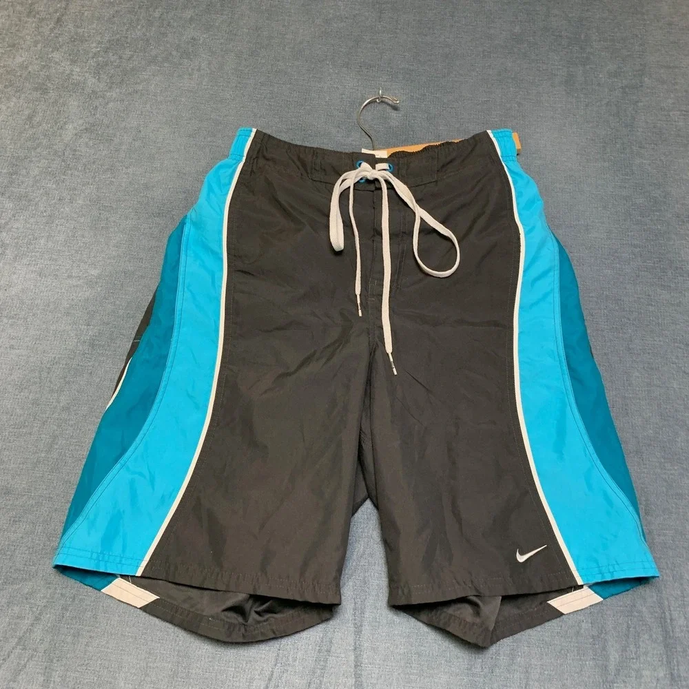 Nike Swim Trunks Board Shorts Mens S Blue Black Elastic Waist Logo Beach Summer